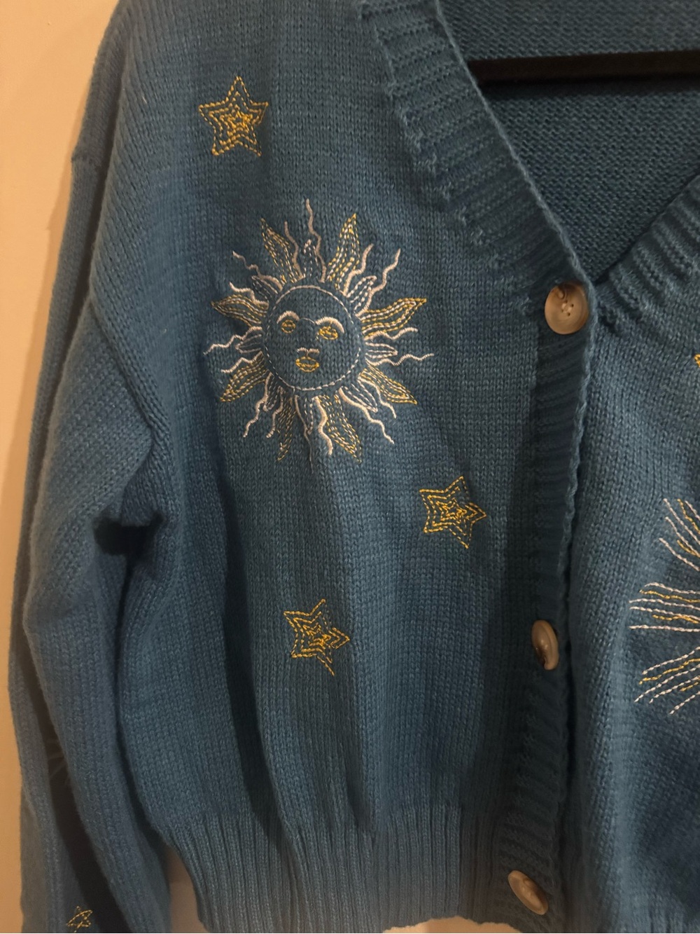 Embroidered Teal V-Neck Button Cardigan Sweater - Picture 3 of 7